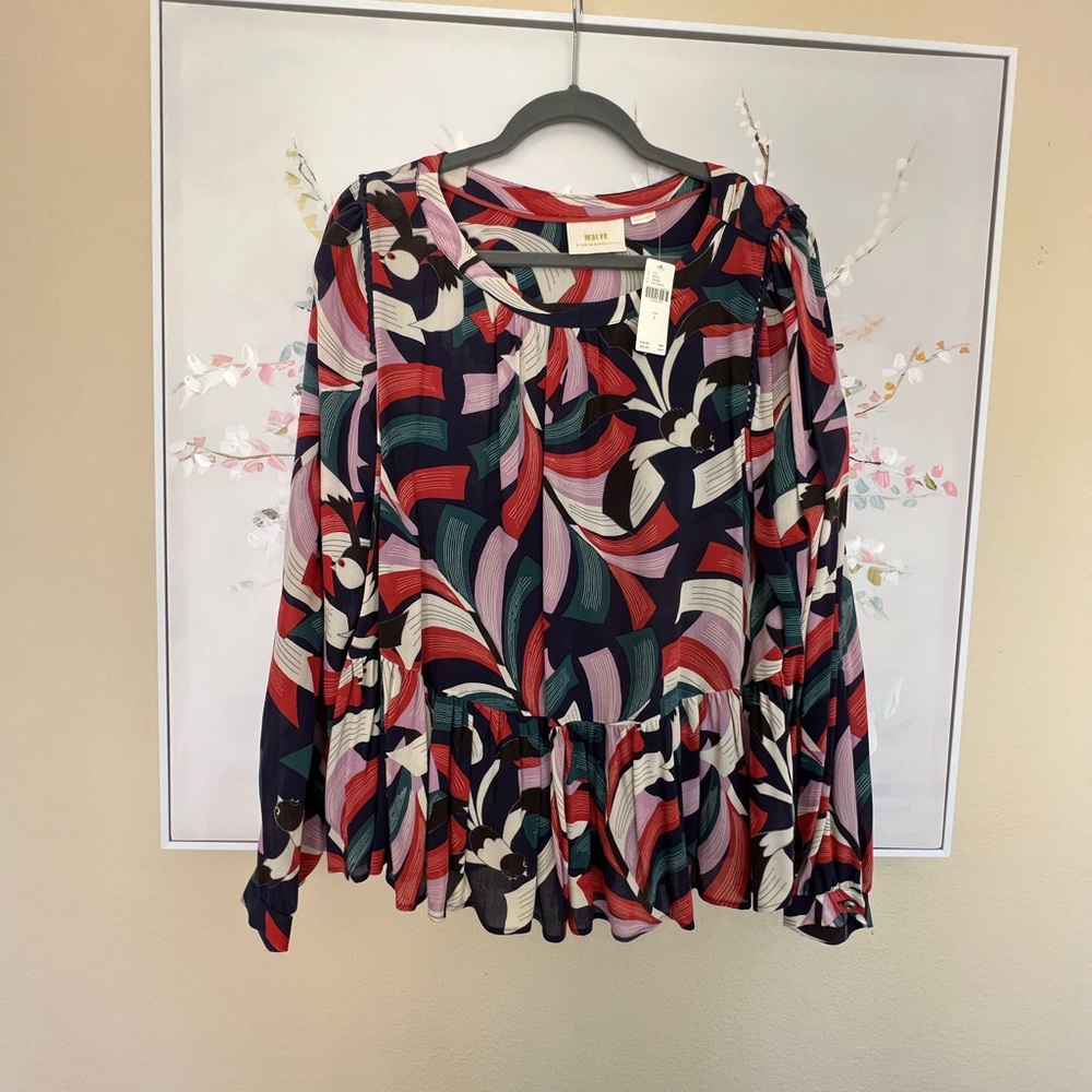 Maeve Anthro Bird Long Sleeve Peplum Blouce